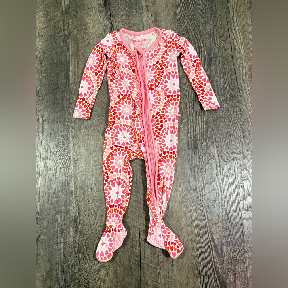 Ruffle Butts Bamboo Pink and Red Heart Kids Footie